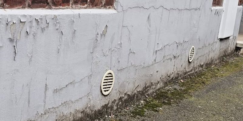 fissures sur un mur humide. L'humidité remonte dans les joints et provoques des éclatements des enduits et des fissures dues à l'humidité